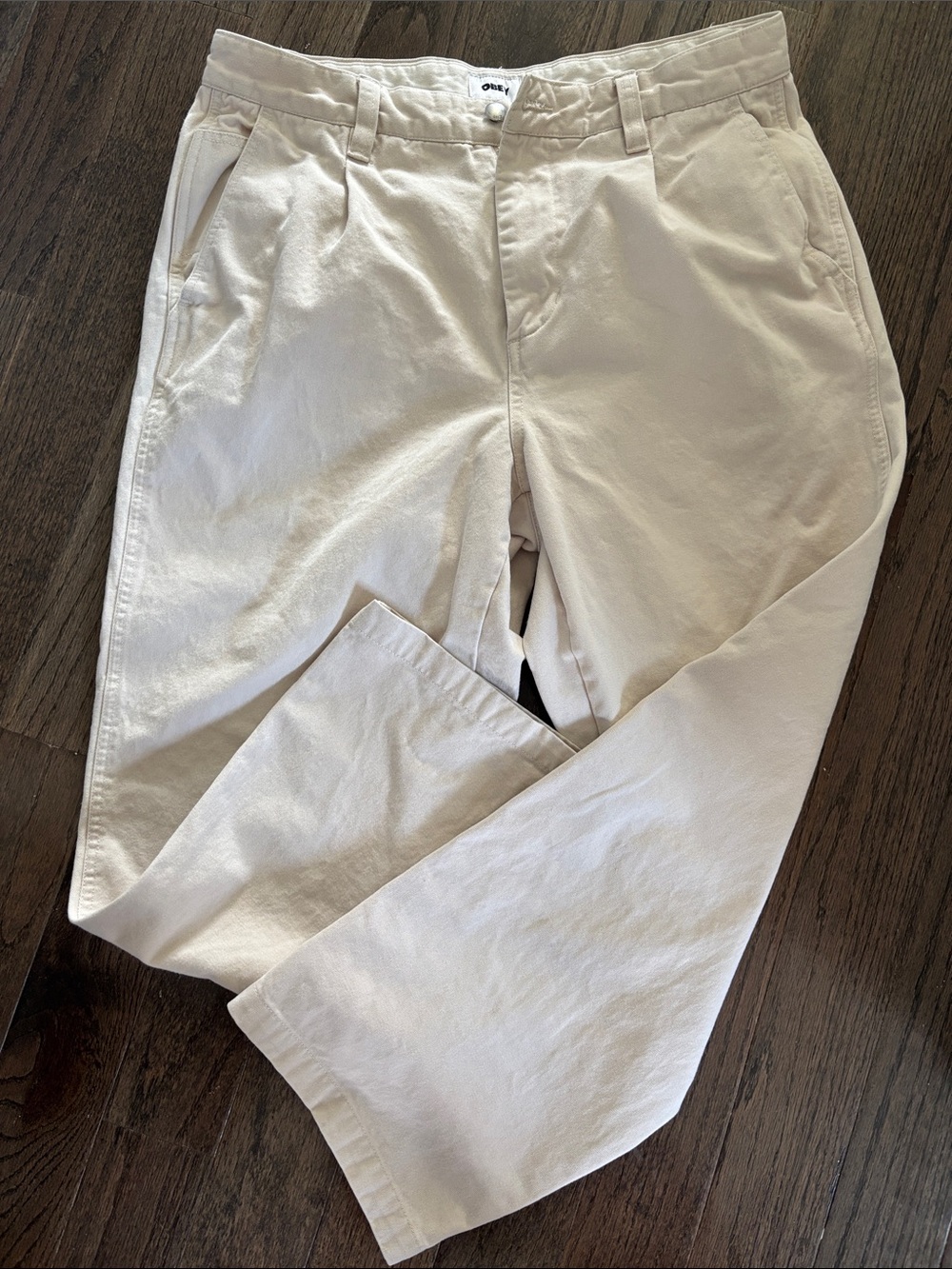 OBEY ecru khakis, 100% cotton, 5 pockets, zip front, 34W, 27.5” inseam